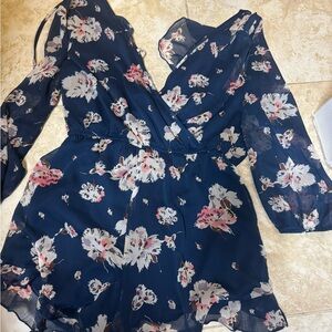 EUC Band of Gypsies - Women's Blue Floral Romper, Long Sleeve/Shorts, size L